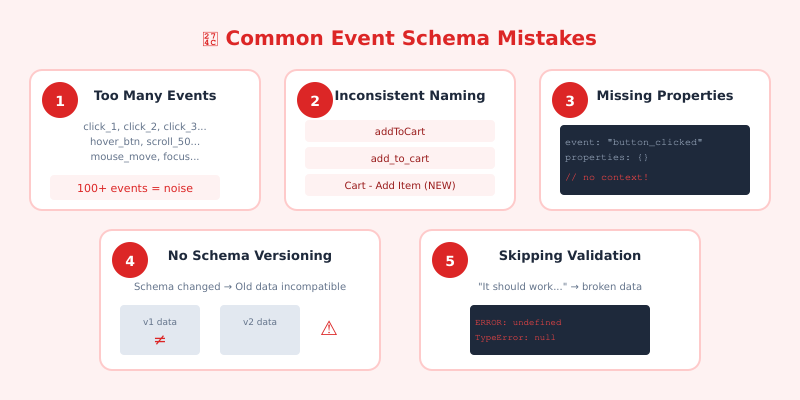 Five common event schema mistakes: too many events, inconsistent naming, missing properties, no versioning, skipping validation