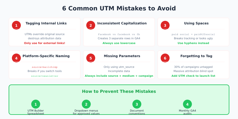6 common UTM mistakes: tagging internal links, inconsistent capitalization, spaces, platform naming, missing parameters, forgetting to tag