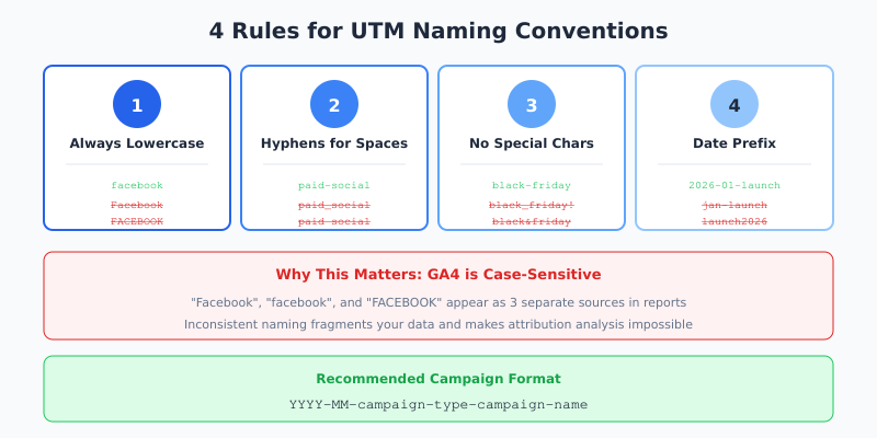 4 UTM naming rules: lowercase, hyphens for spaces, no special characters, date prefix for campaigns