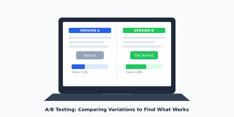 A/B split testing comparison displayed on a laptop screen showing two page variations
