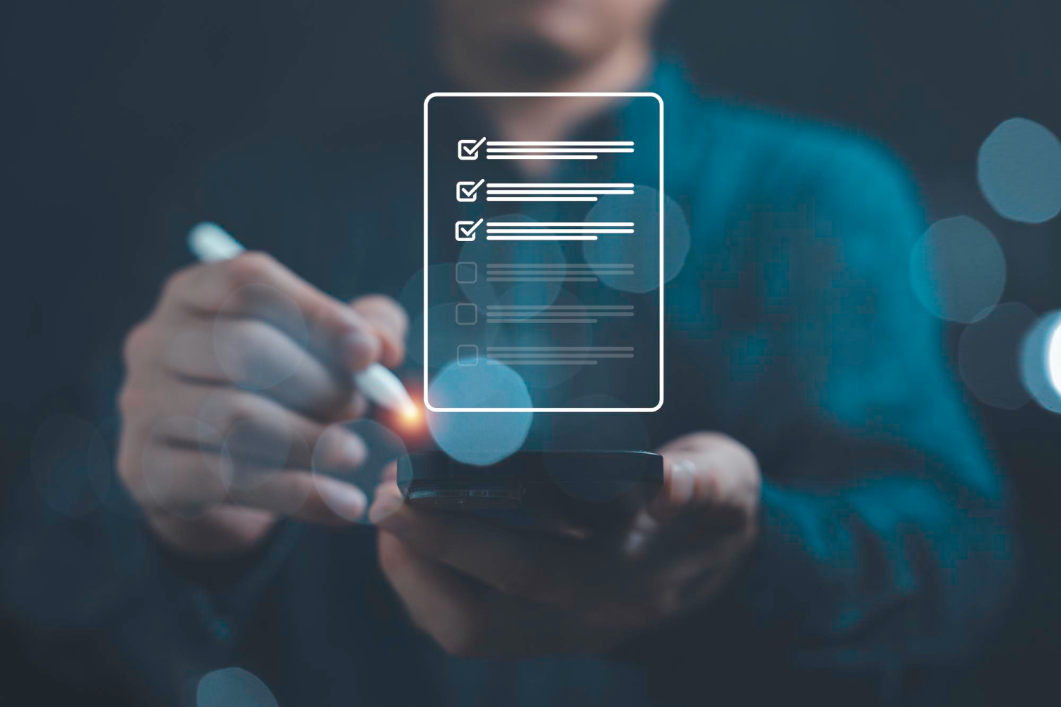 Businessman reviewing a digital checklist hologram representing user action mapping for event tracking